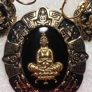 Elegant Gold and Black Buddha Pendant with Matching earrings